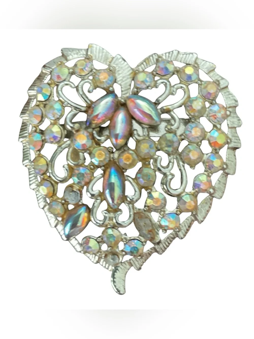 CORODESIGNS Heart Domed Broach Aurora Borealis Rhinestones Silver Tone